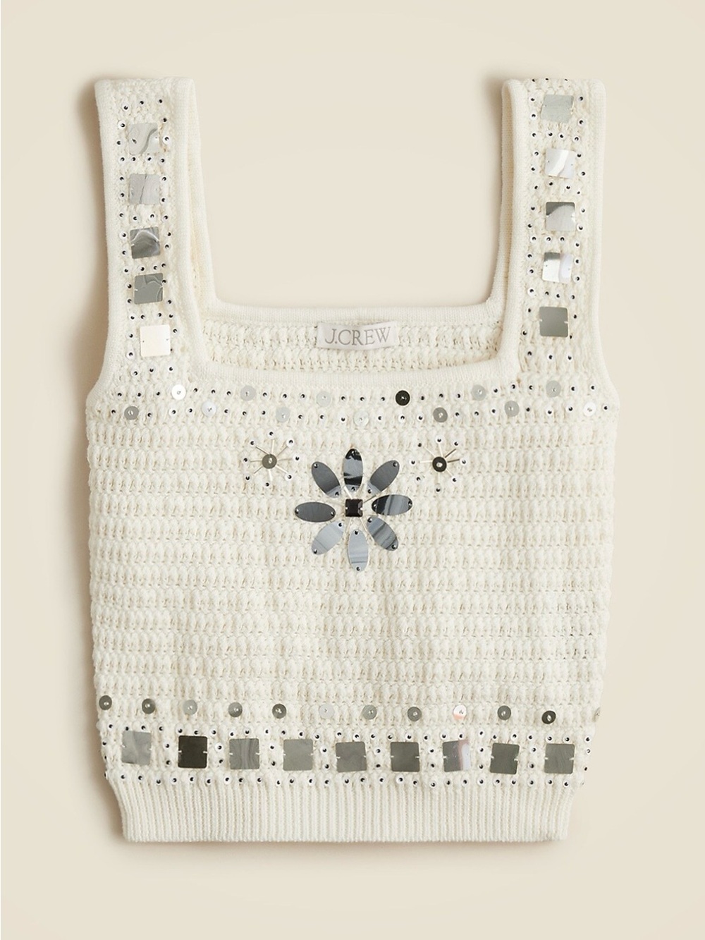 J. Crew Cream Crochet Tank with Mirrored Sequin Floral Detail